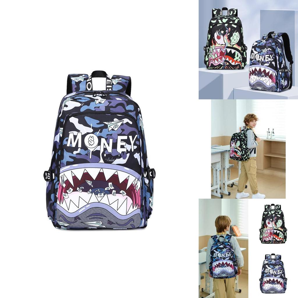 Kids Waterproof Nylon Backpack With Shark Print For Elementary School Use And Daily Carry