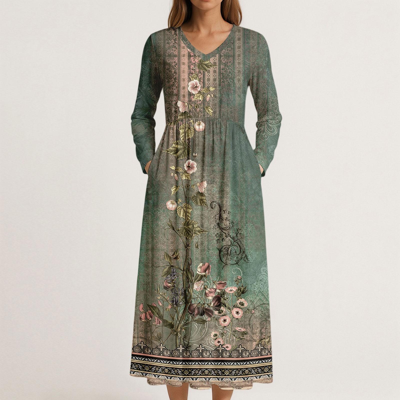 

Платье для женщин длинное бохо пляжное платье элегантное макси-платье V-образный вырез длинный рукав платье с карманами XXL