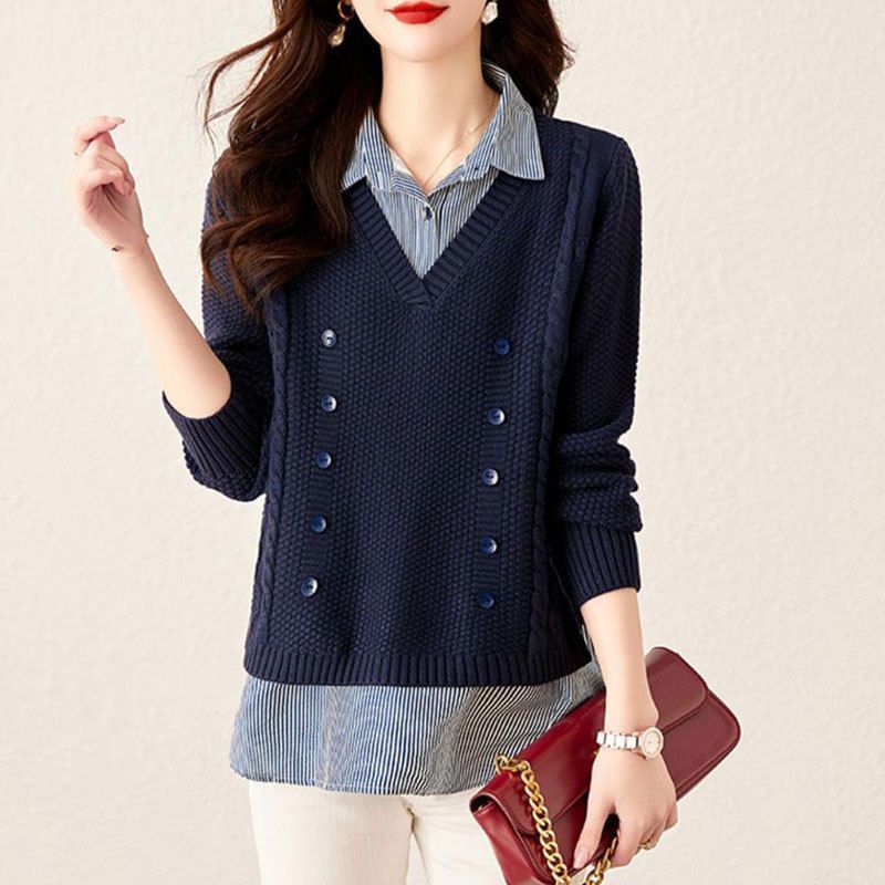 Damen Zweiteiliges Oberteil Strickpullover Spleiß Hemdkragen Frühling Herbst Koreanisch Locker Langarmpullover Damenpullover