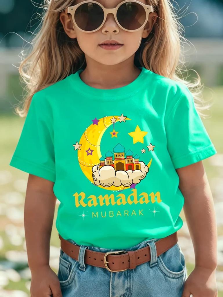 Moon Star Ramadan Print Girl Clothes Eid Mubarak Kid T-Shirt Islamic Muslim Outfit Short Sleeve Tops Holiday Children's Clothing