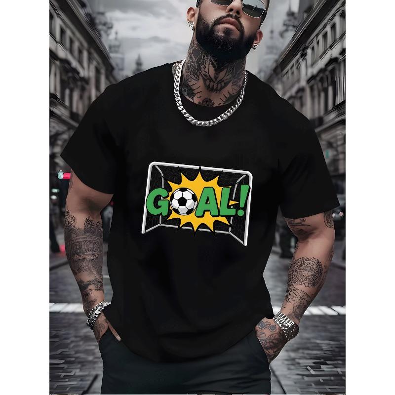 European Size Men's T Shirt Casual Trendy Street Style Sportswear Black Short Sleeve Top with Soccer Goal Graphic Print Football Pattern for Adults