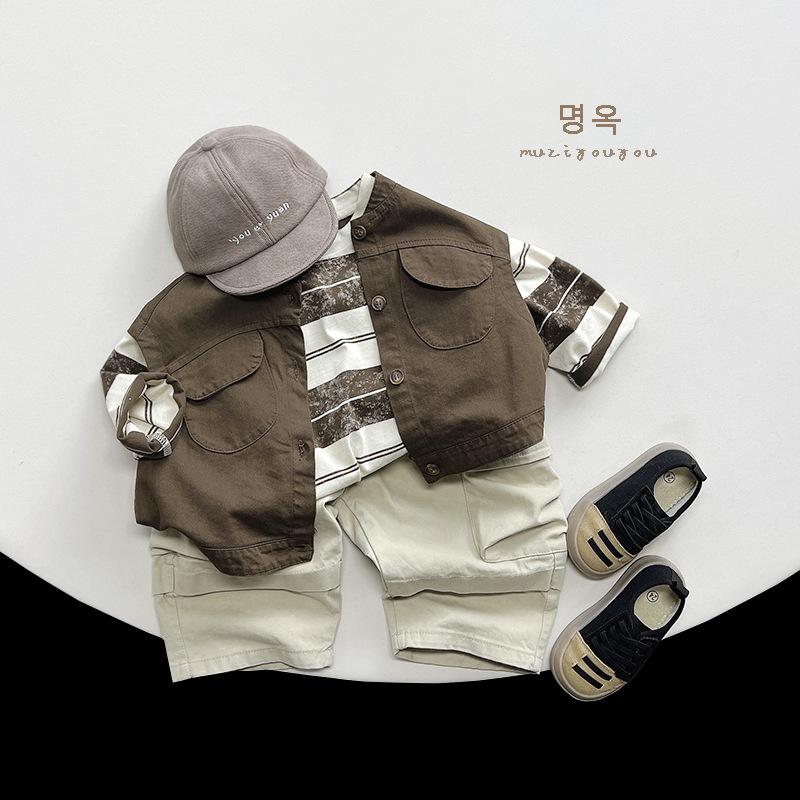 Vintage Striped Kids Long Sleeve T Shirt Unisex Children Korean Casual Top