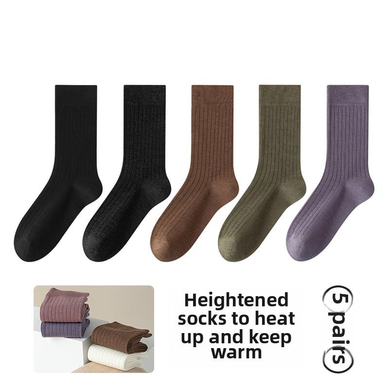 5 Pairs of Female Autumn and Winter Pure Color Warm Boneless Sweat Absorption Breathable Plus Long Pile Socks
