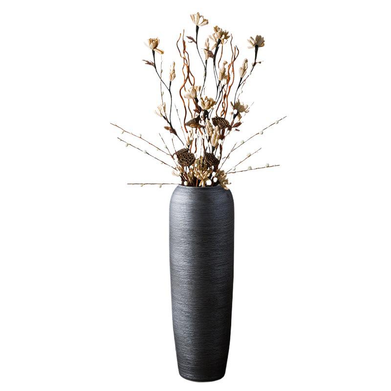Black Zen-Style Ceramic Floor Vase for Dried Flowers - Retro Terracotta Ornament