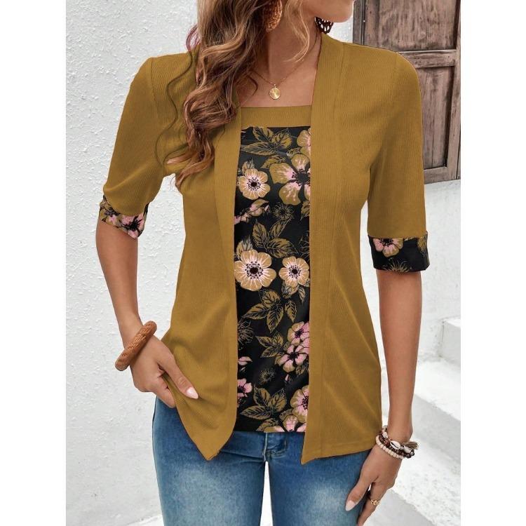 

Vintage Women s T-Shirt Summer Autumn Fake Two Piece Printed Top Five Quarter Sleeve 5XL темно-желтого