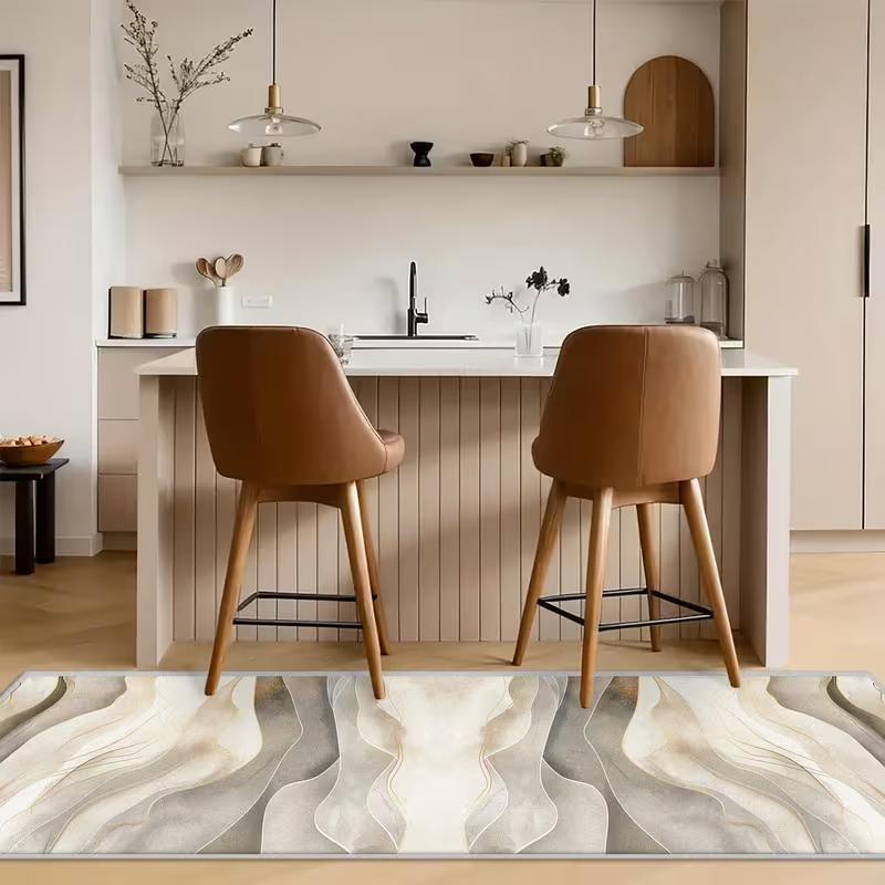 Minimalist Line Inlaid Runner Carpet, Soft Grey Abstract Motif with Wood Trim Rug, Modern Floor Mat for Bright Hallway Decor