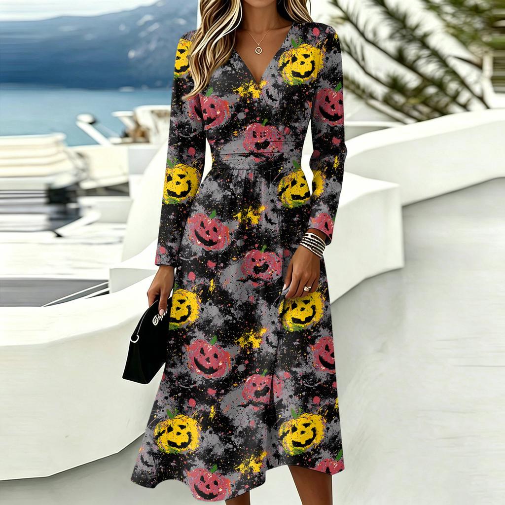 Women's Stylish Halloween Print Long Sleeve V-Neck Casual Dress with Pockets