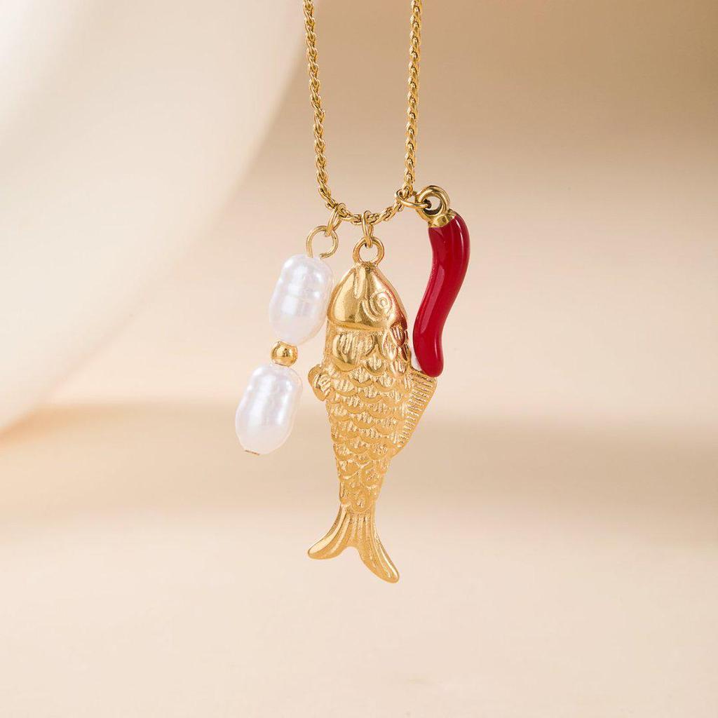 European-American Fashion Necklace: Stainless Steel Ocean Fish Pearl Pendant - Simple, Stylish, and Elegant Women's Necklace.