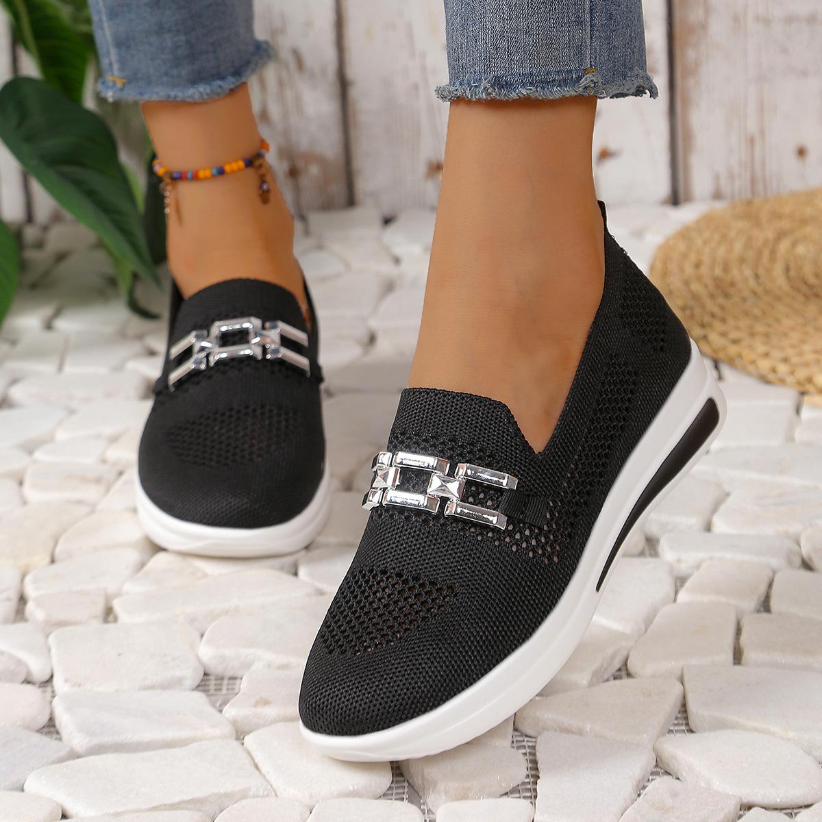 

Весенние новые металлические цепочки с наклонным каблуком, толстая подошва, одна педаль, дышащая и легкая сетка, большой размер, повседневные одинарные туфли для женщин 36 чёрный