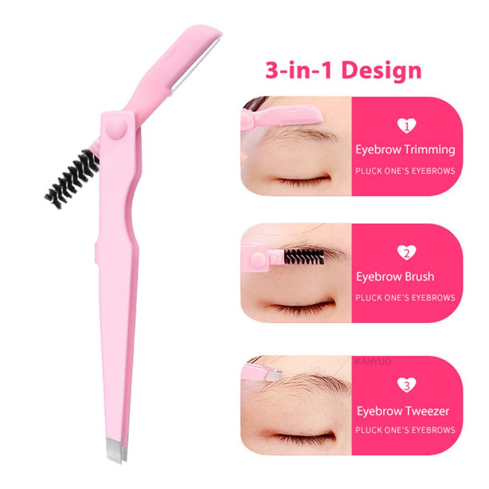 3 In 1 Eyebrow Clip Eyebrow Trimmering with Brush Multifunctional Stainless Steel Colorful Eyelash Tweezers Beauty Makeup Tools
