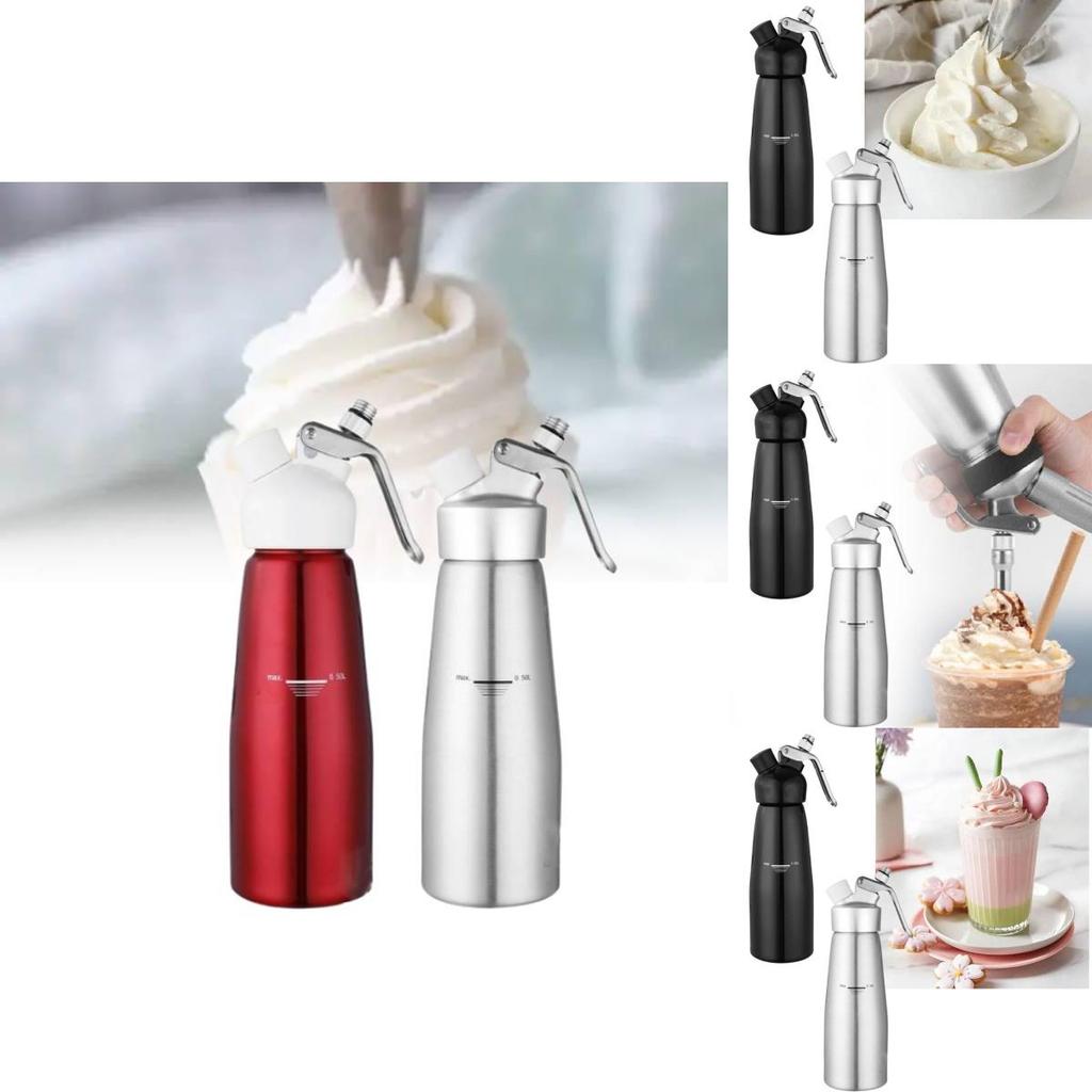 Bottiglia sifone per panna montata in acciaio inox di alta qualità, ideale per decorare e guarnire il caffè, disponibile nei formati da 500 ml e 1000 ml.