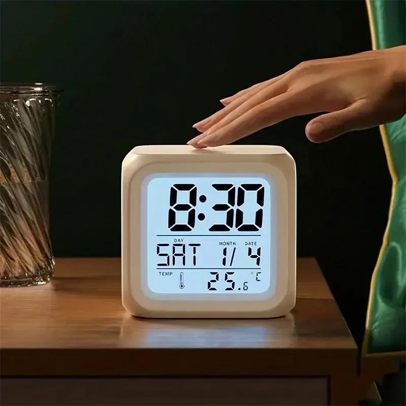 Digital Alarm Clock Thermometer - LED Night Light Multifunction Portable for Bedroom Office Decor