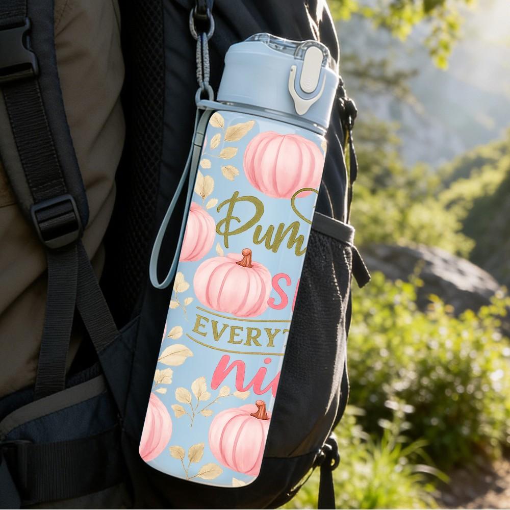 1PC Pink Pumpkin Spice Fall Print 750ml Color Plastic Sports Water Bottle Leakproof Flip Straw Lid Suitable for Sports Office Home Use