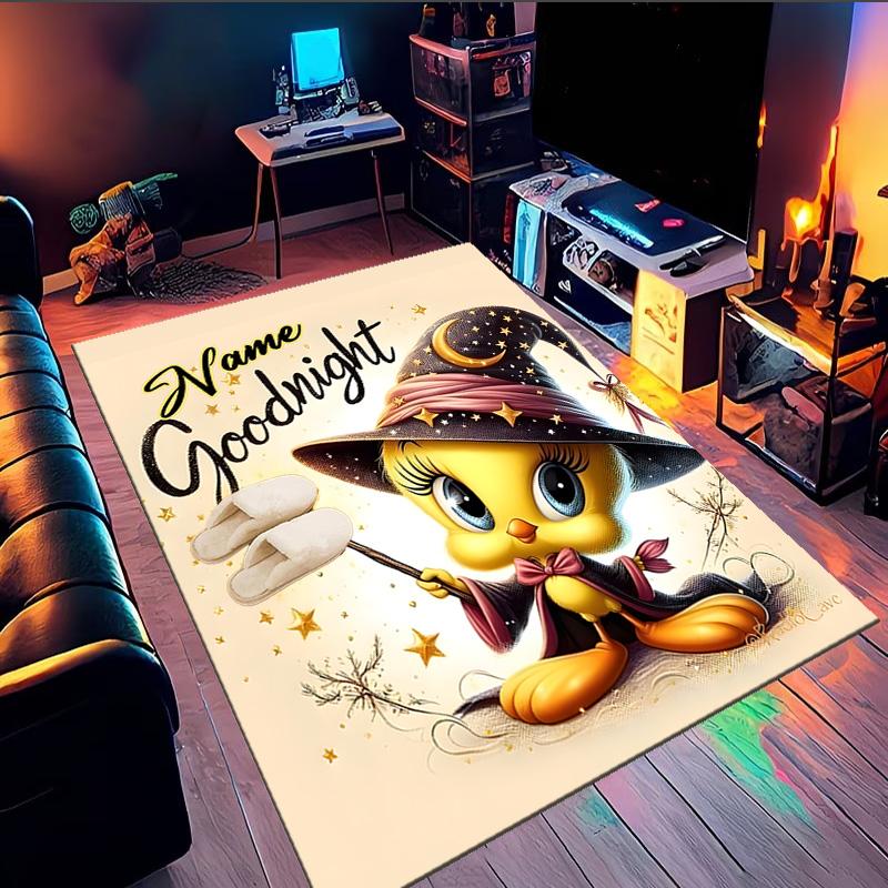 Custom Name Good Night Yellow Bird Rug Game Carpet, Floor Mat for Bedroom Living Room Entryway Rug, Home Decor Idea Gift for Christmas birthday