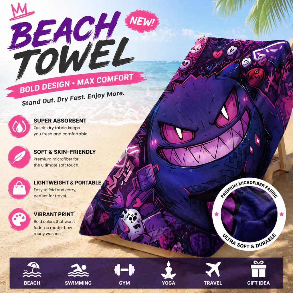 Potdemiel Pokmon Gengar Beach Towel Purple Ghost Flat Print Quick Dry Microfiber Bath Towel for Gym Yoga Travel Gift Kids