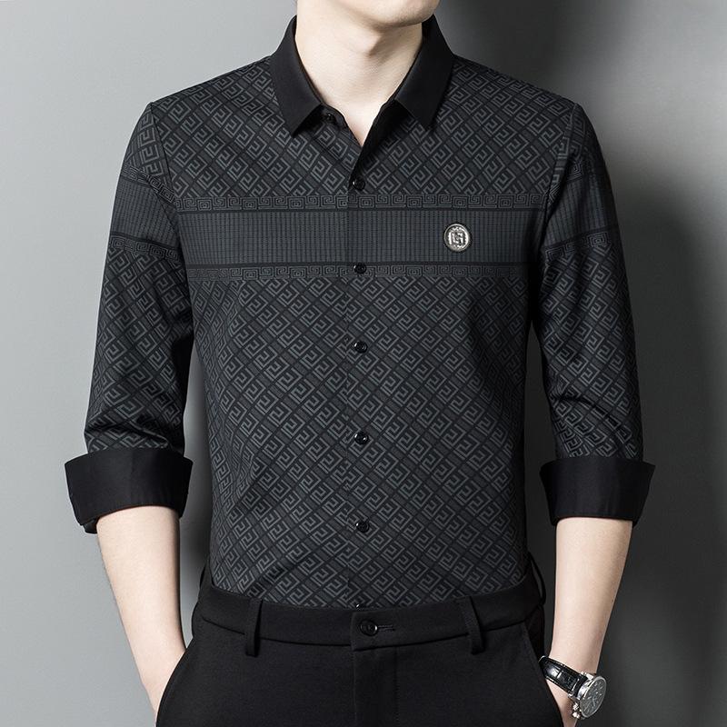 Autumn and Winter New Men's Lapel Long-Sleeved Shirt Young and Middle-Aged Business Casual Printing Stylish Shirt