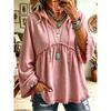 Women Boho Hooded Tunic Top V Neck Drawstring Fringe Frayed Hem 3/4 Flare Sleeve Loose Casual Blouse