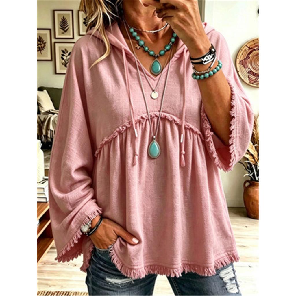 Women Boho Hooded Tunic Top V Neck Drawstring Fringe Frayed Hem 3/4 Flare Sleeve Loose Casual Blouse
