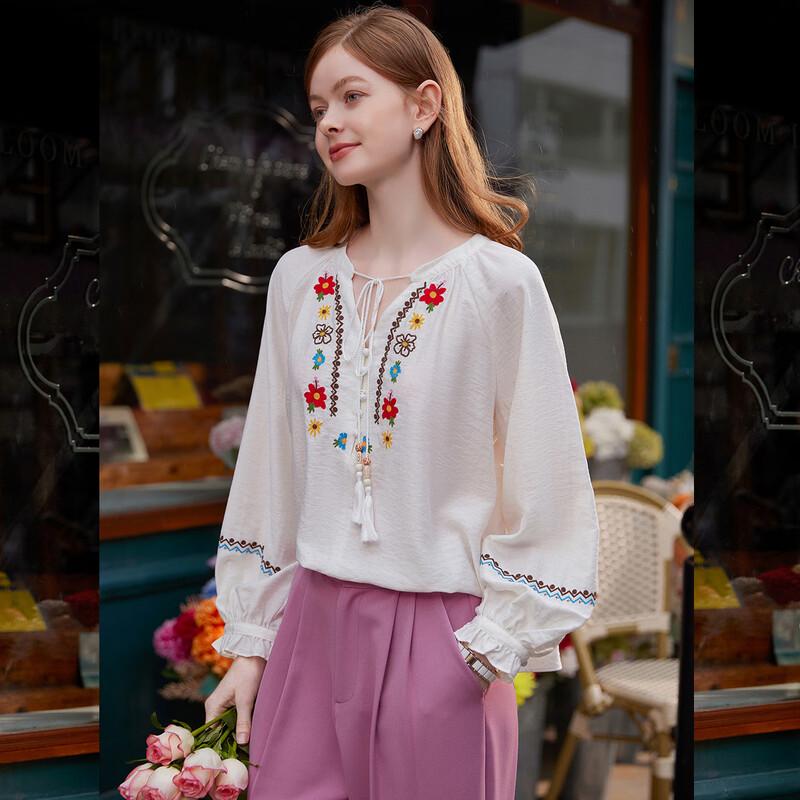 Bailuyu Women's Ethnic Embroidered V-Neck Blouse