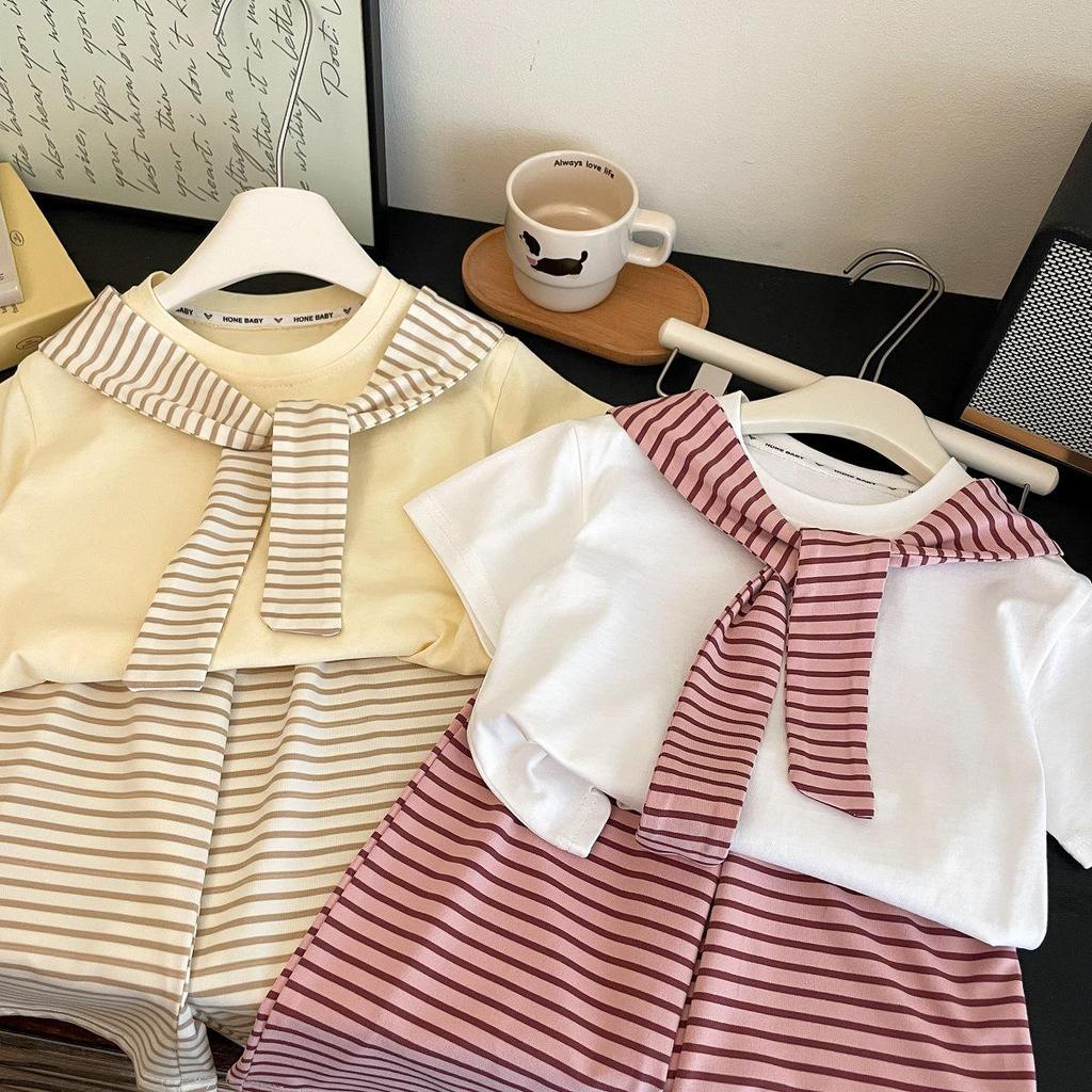 Korean Style Baby Girl Striped Shawl & Wide Leg Pants Set - Breathable, Skin-Friendly, Fashionable