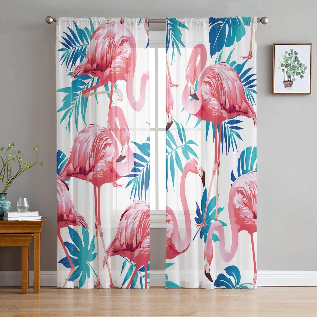 Flamingo Tropical Plant Flower Tulle Curtains Living Room Bedroom Kitchen Window Treatment Chiffon Curtain Blinds Light Filtering Polyester Great