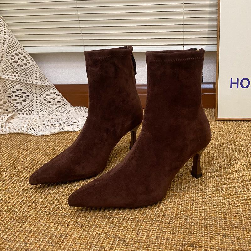 New Pointed Toe Women High Heel Ankle Boots Fashion Stripper Party Shoes Female Vintage Stretch Slim Short Booties