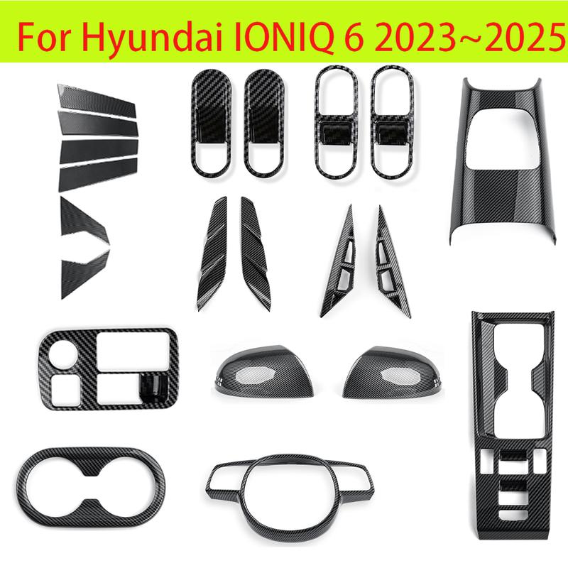 Carbon Fiber Interior Trim Window Button/Door Bowl /Front Water Cup Holder/Steering Wheel Decoration For Hyundai IONIQ 6 LHD