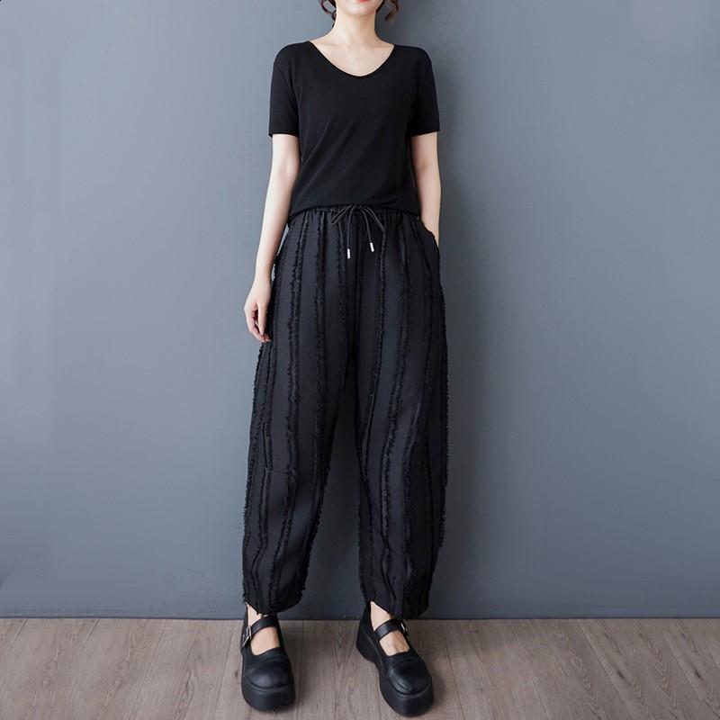 Plus Size Black Vintage Stripe Patchwork High Waist Casual Loose Summer Harem Pants Women Trousers