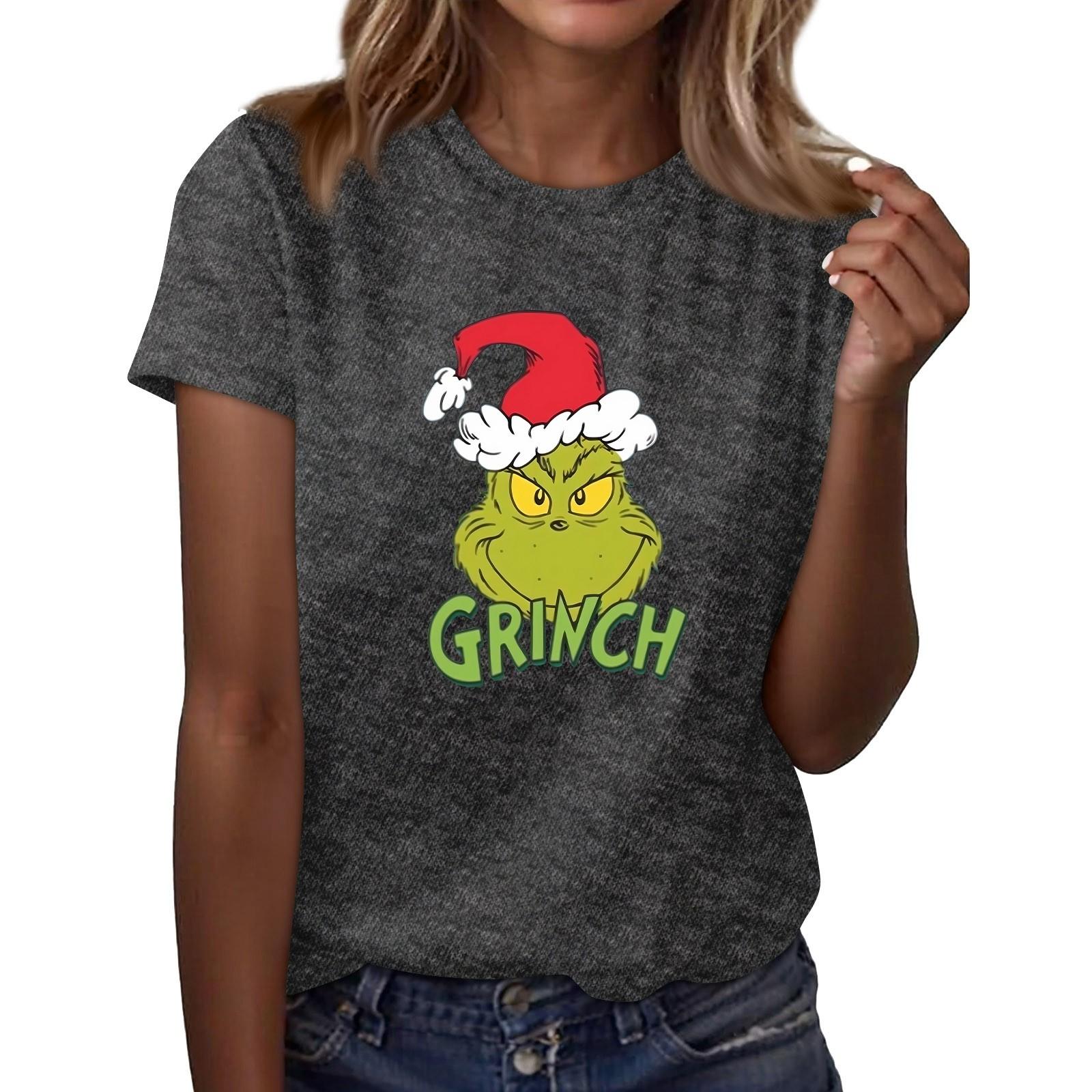 Women s Casual Christmas Printed Short Sleeved Loose Round Neck Pullover Top Top L