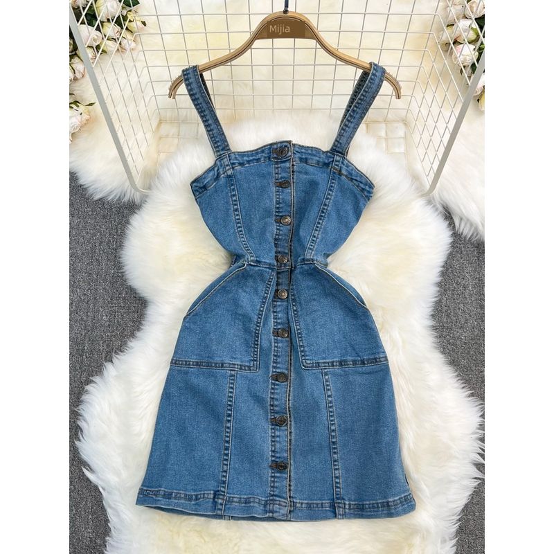 Denim Brace Dress Women's Slim Looking Fashion Stretch Jumpsuit Suspender Short Skirt Two-piece Set Loose round Neck T-shirt Summer
