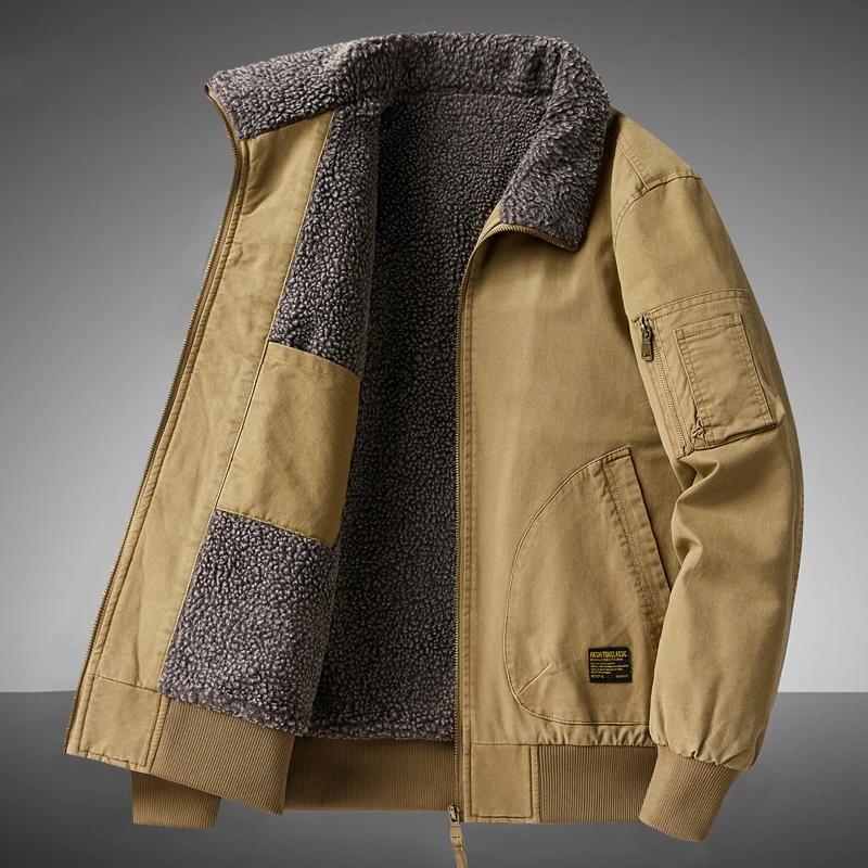 Men's Warm Cotton Jacket Coat Lambswool Jacket Autumn Winter Solid Color Fleece Workwear Plus Size Outdoor Travel Lapel Coat