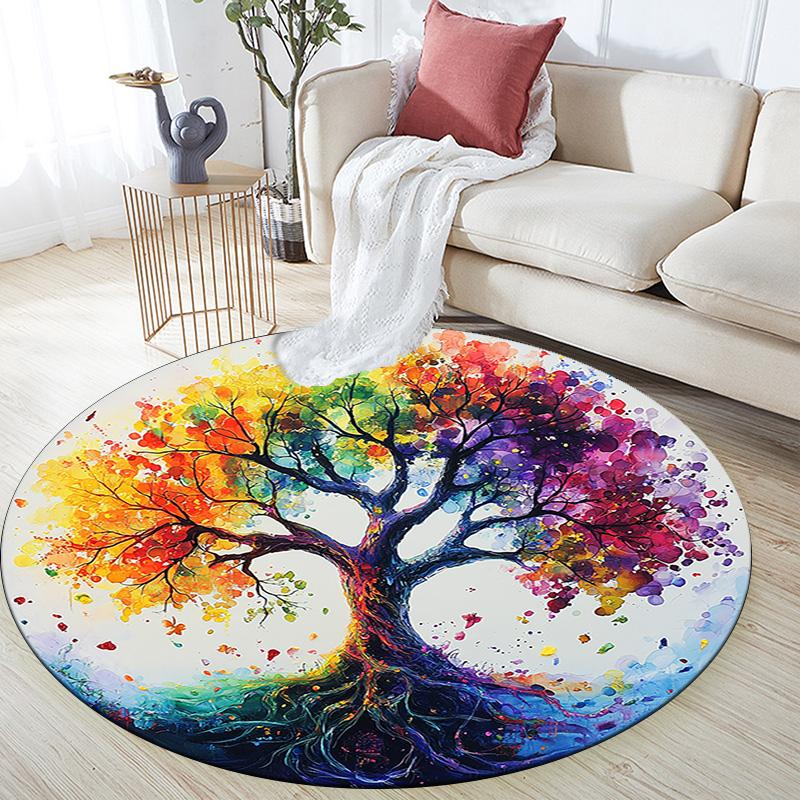 Colorful Tree Round Area Rug,Carpet Rug for Living Room Bedroom Sofa Playroom Decor,Non-slip Floor Mat
