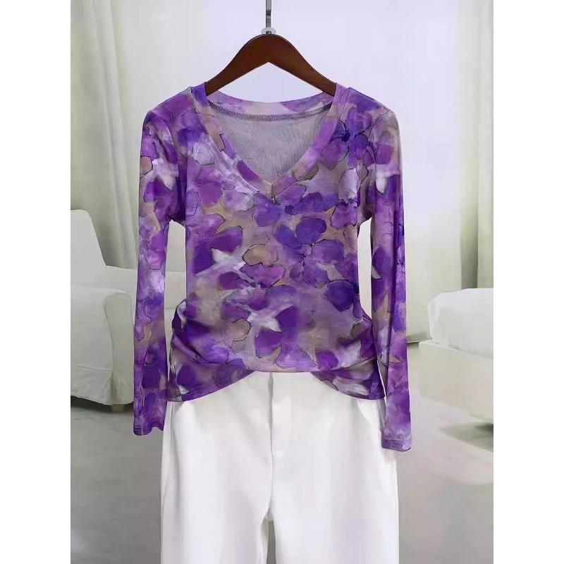 Fashionable Printed V-neck Mesh Stretch Long-sleeved Top for Women's Autumn New Versatile Elegant Pullover