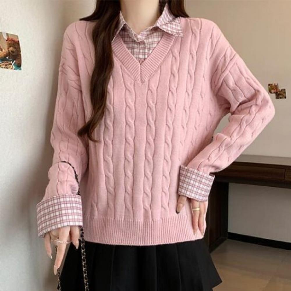 Navava Women Lovely Two In One Check Collar Cable KniT Long Sleeve T shirT Nk353