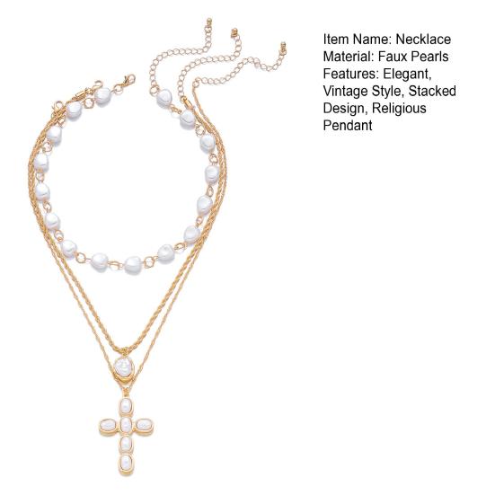 1 Set Stacked Faux Pearl Necklaces Women Vintage Multi Strand Necklace Irregular Faux Pearls Choker Religious Pendant Necklace for Dating Party