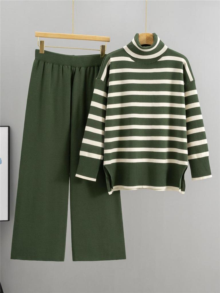 Women's Striped Knit Sweater & Wide-Leg Pants Casual Two-Piece Set for Autumn/Winter