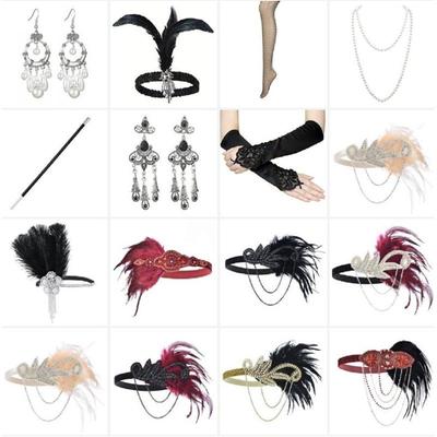 1920s Retro Accessories: Necklace, Gloves, Feather Headband, Headdress, Bracelet - Perfect for Halloween Party or Wedding