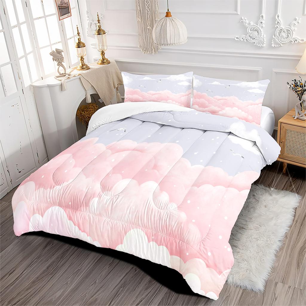Pink Cloud Seagull Plush European Size Digital Print Bedding Three-piece Set