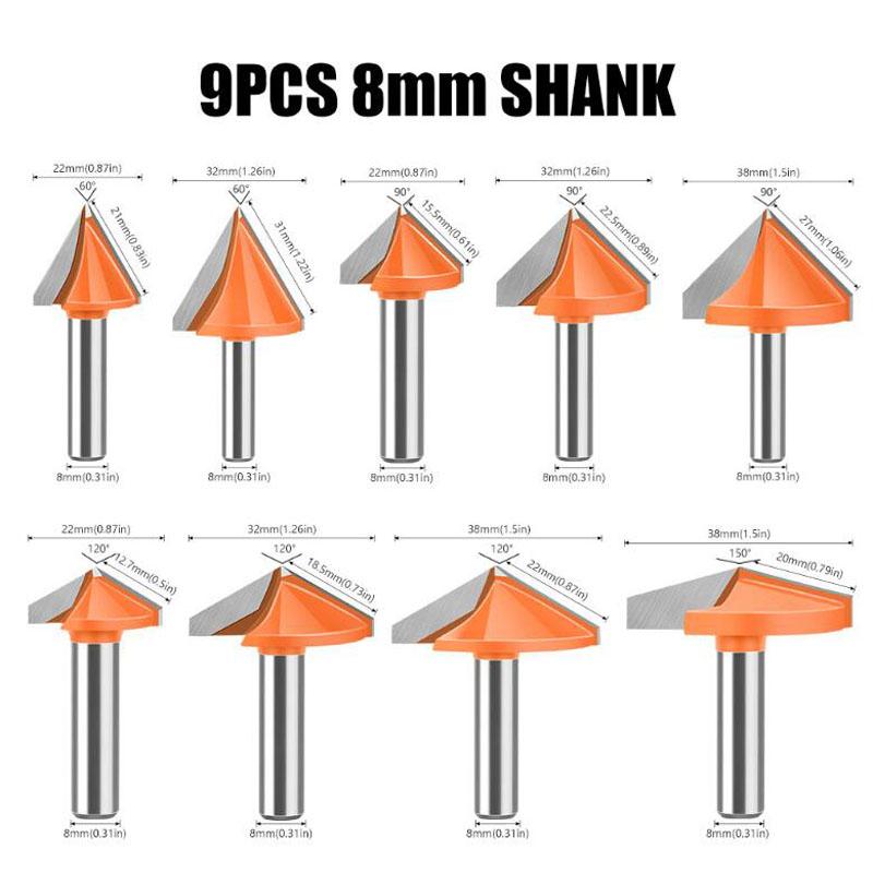 8mm Shank 60 90 120 150 Degree V Type Slotting Cutter Bit CNC Engraving Solid Router Bit Carbide Milling Cutter