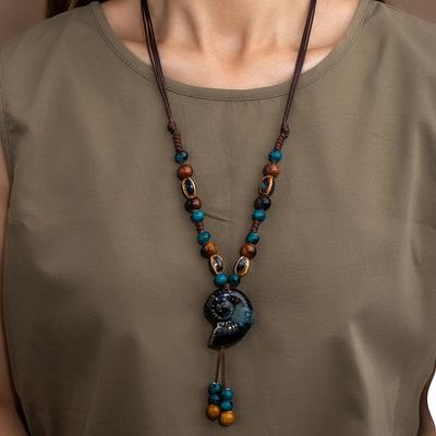Vintage Holz Anhänger Halskette, Damen Pullover Kette