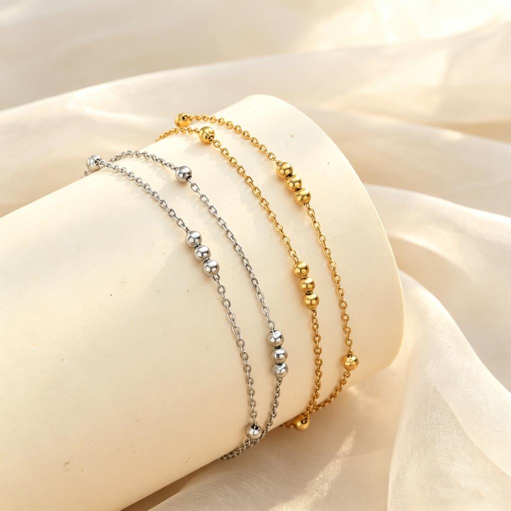 Gold Plated Double Layer Round Beads Bracelet, Stainless Steel Adjustable Thin Link Chain Bracelets, Luxury Jewelry for Women