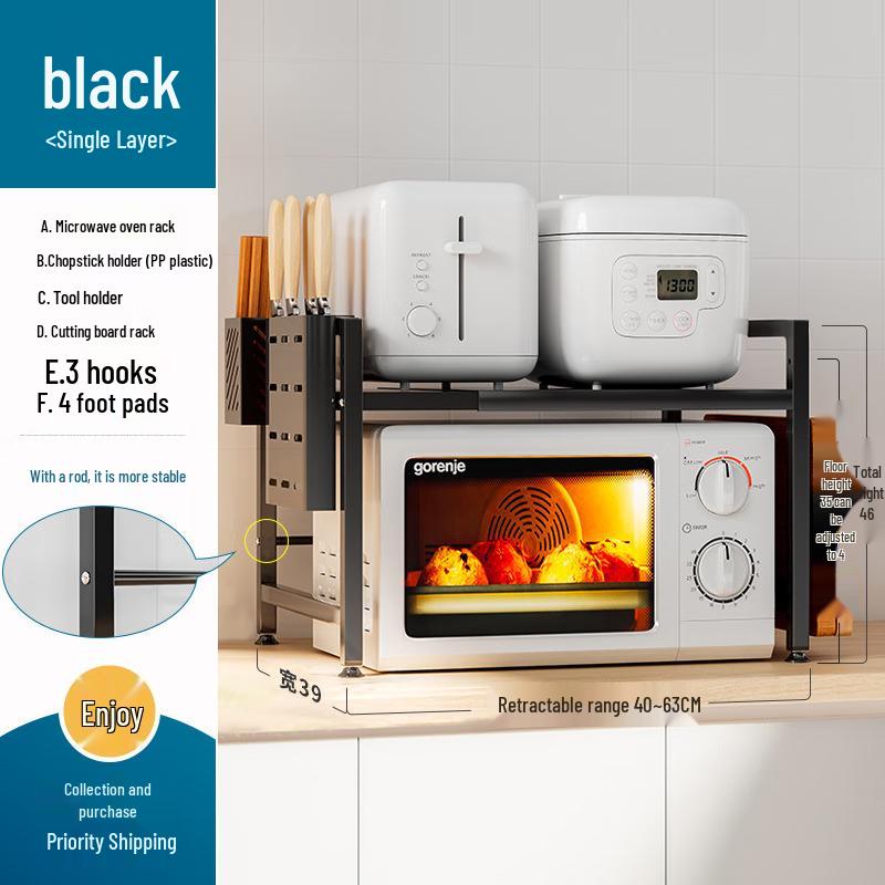 

Black 3-Tier Telescopic Carbon Steel Kitchen Storage Shelf with Rod