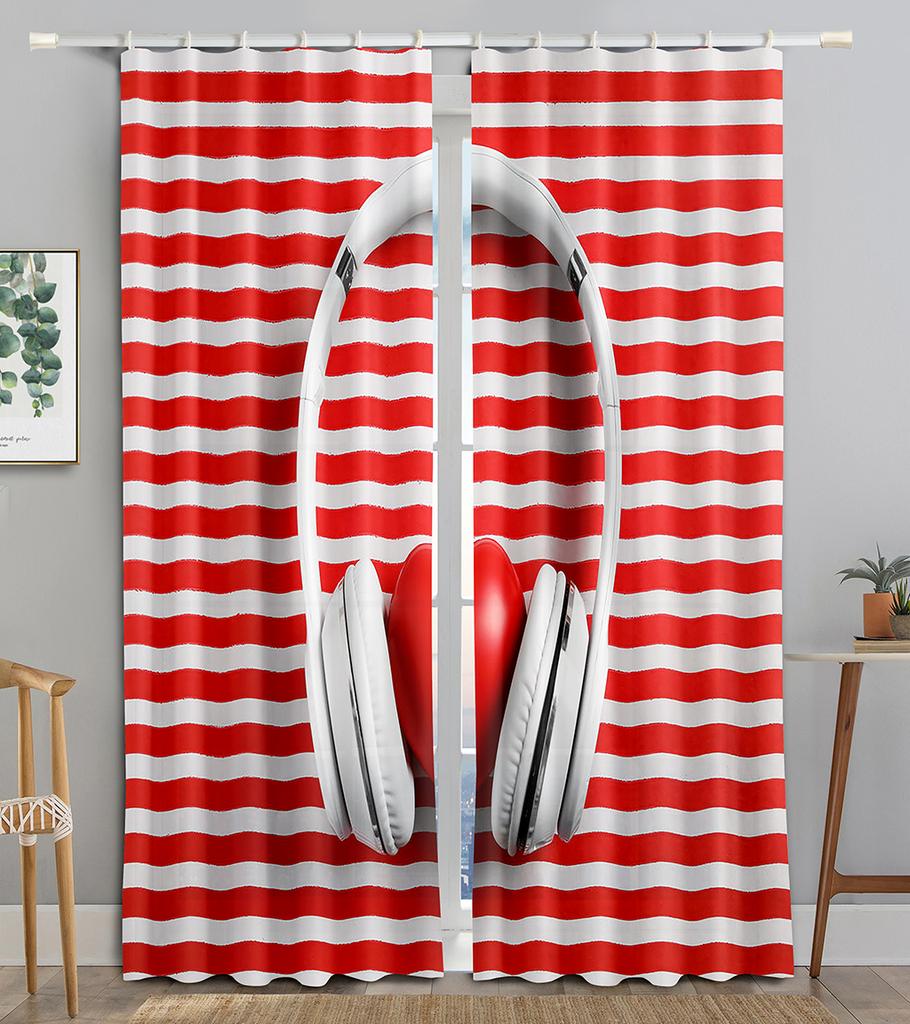 Earphone Music Red Heart Pink WaveBlackout Window Curtain for Living Room Bedroom Bathroom Kicthen Door Cupboard Decor Hooks