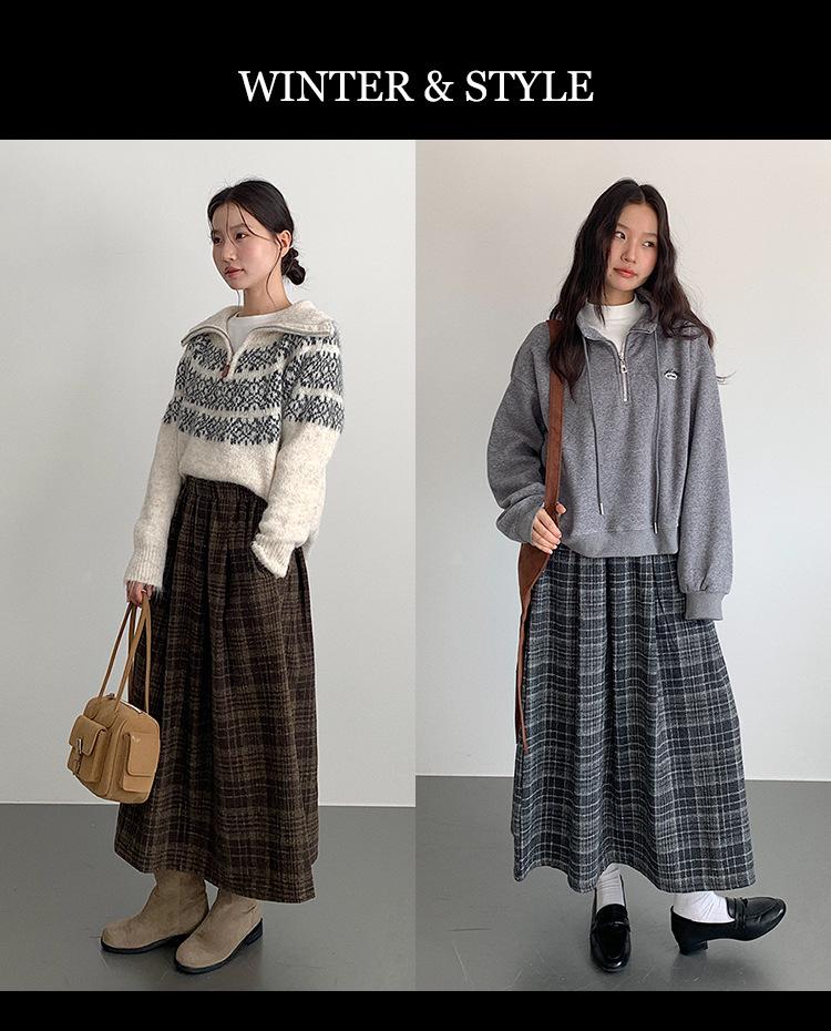Ou Fan Retro Plaid Woolen Pleated A-line Skirt with Elastic Waist for Autumn/Winter