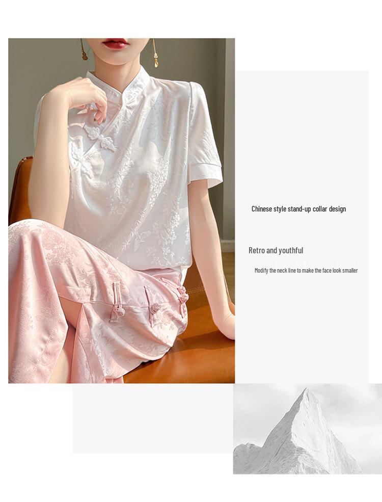 Damen Chinesischer Froschknopf Satin T-Shirt: Kurzärmelig, Stehkragen, Retro-Stil
