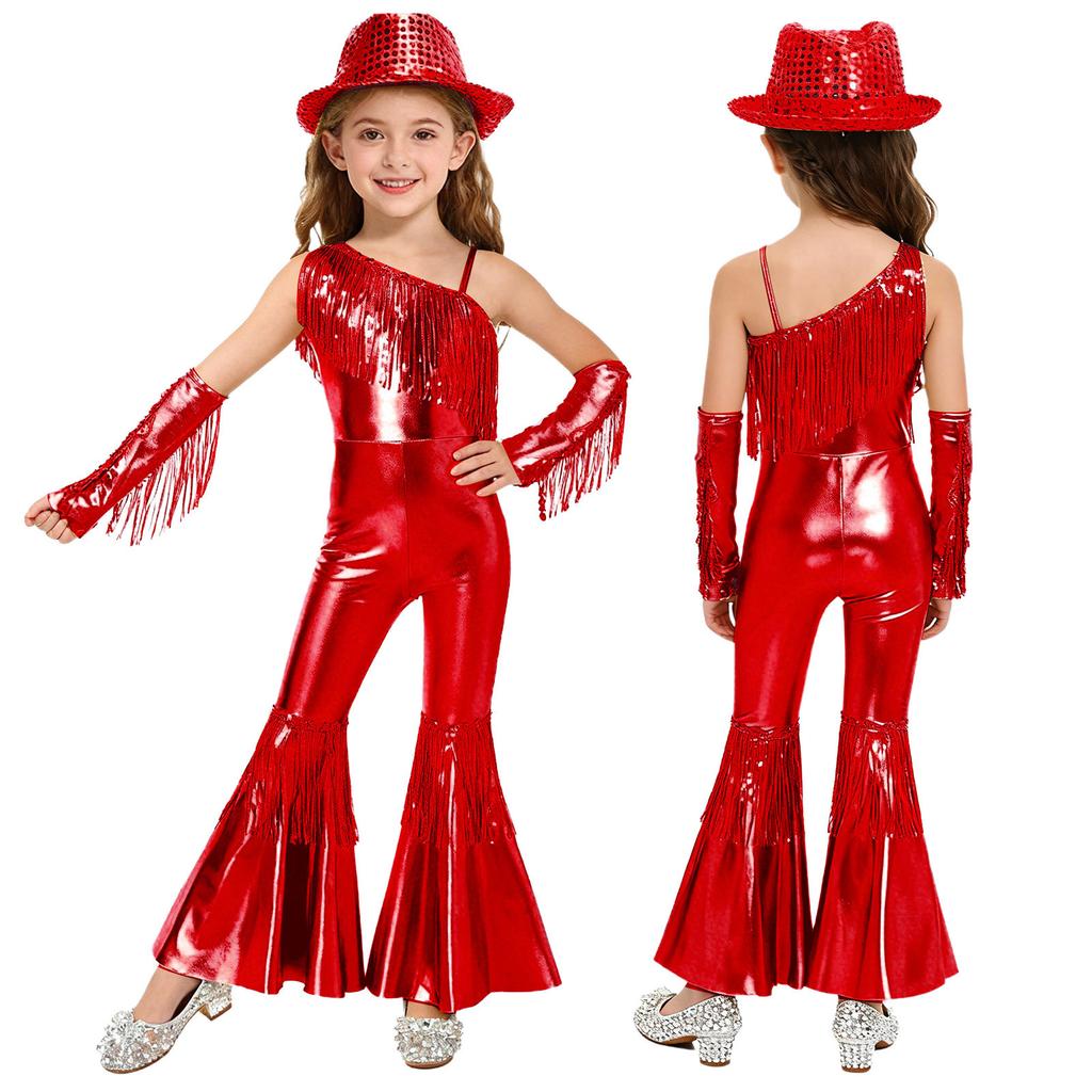 Kids Girls Jazz Disco Dance Jumpsuit Sleeveless One Shoulder Sequins Tassels High Waist Flared with Gloves and Fedora Hat for Banquet Pageant Party