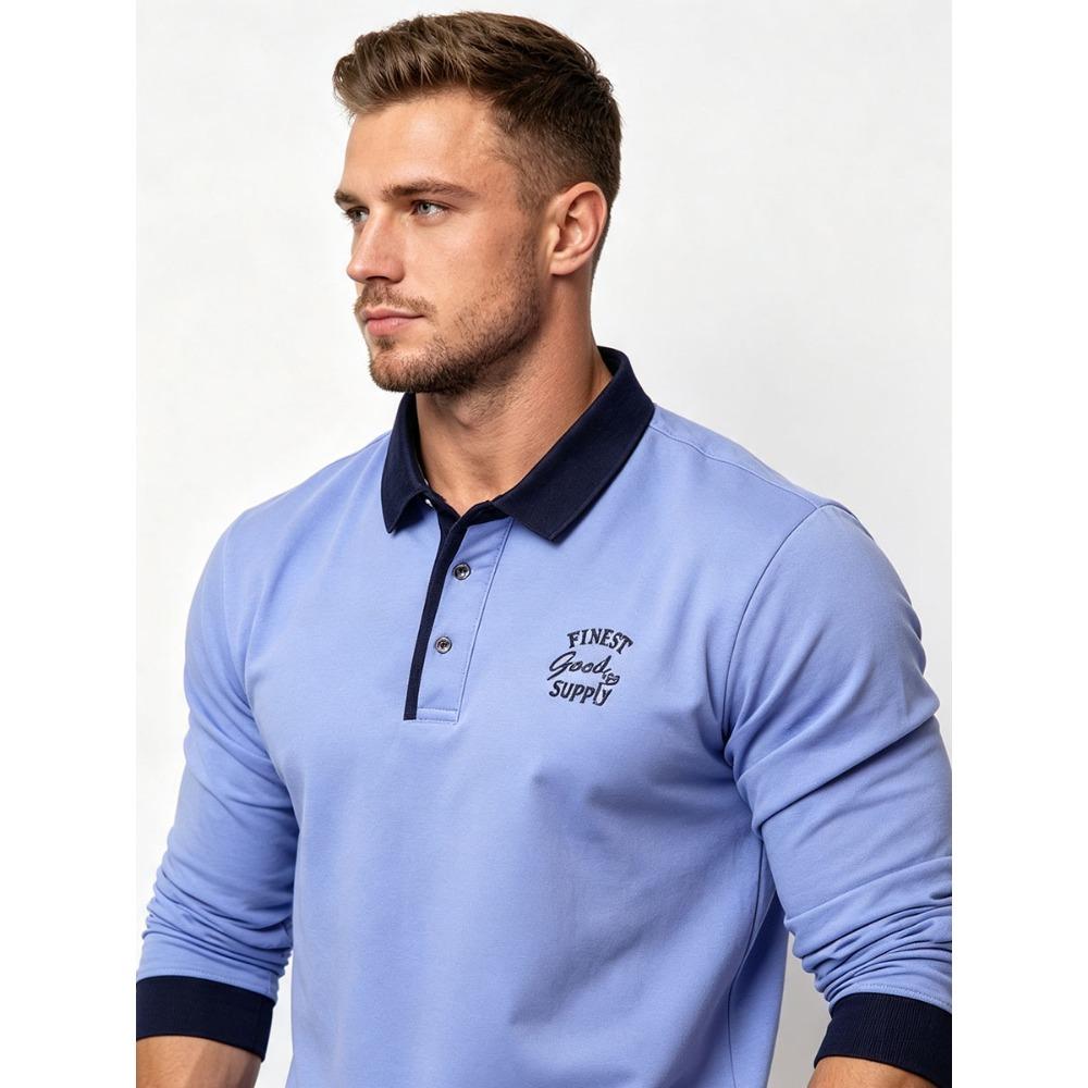 Men's Retro Color Block Long Sleeve Polo – Soft Touch Jersey Shirt with Contrast Cuffs & Vintage Logo – Smart Casual Business Wear