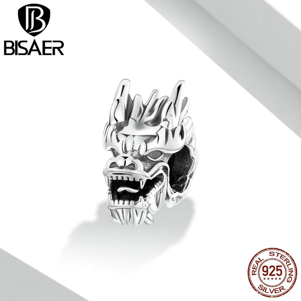 Bisaer Retro Animals Charms 925 Sterling Silver Chinese Dragon Head Charms Bead Fit Original Bracelet DIY Jewelry