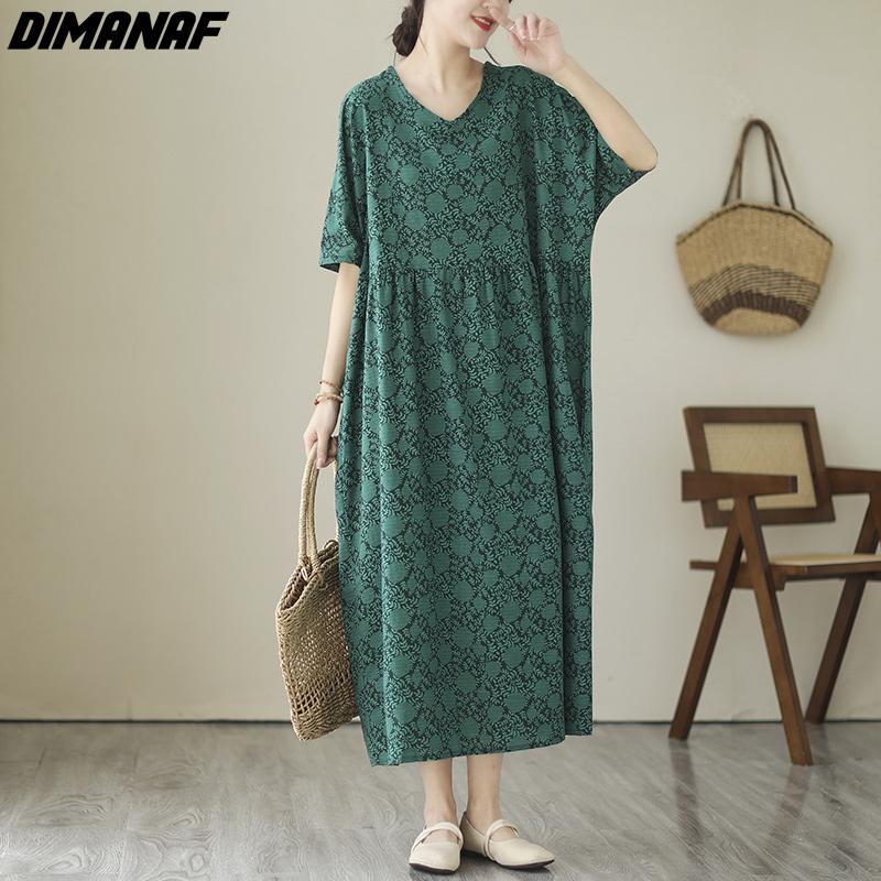 DIMANAF 2024 Übergröße Damen Frühling Sommer Kleid Vintage Dame Langes Kleid V-Ausschnitt Stil Locker Maxikleid Baumwolle Grün