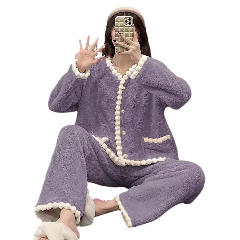"Flanelové pyžamo pro ženy v korejském stylu - Hrubý sametový roztomilý zimní domácí oblek s dlouhým rukávem"